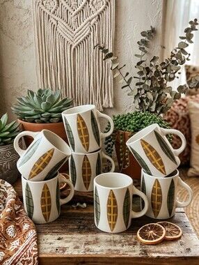 Ceramic White Mugs with Gold and Olive Leaf Motif - Set of 5